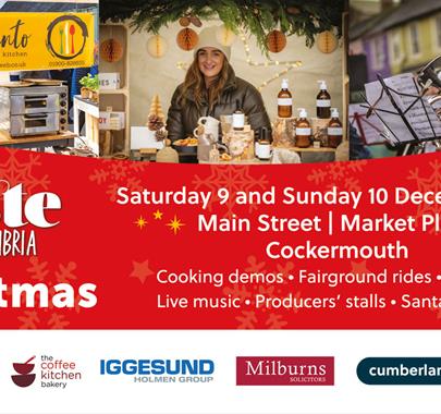 Poster for Taste Cumbria Christmas with information on sponsors, times, and locations