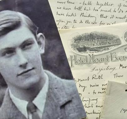 Collage of letters and a black and white photo of George Mallory