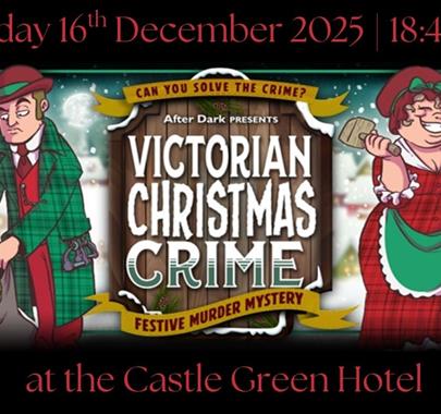 Illustration for "Victorian Christmas Crime" showing a detective holding a candle and a women hammering in a Christmas wreath with bones on it