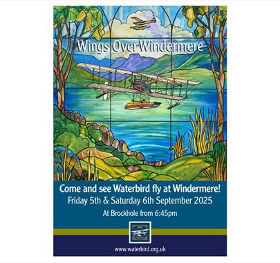 Wings Over Windermere Poster. Featuring a painting where a aeroplane is flying over a lake