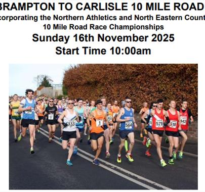 Brampton To Carlisle 10 mile road race poster. Including runners running on a road