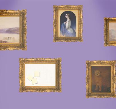 Mutiple artworks on a purple coloured wall
