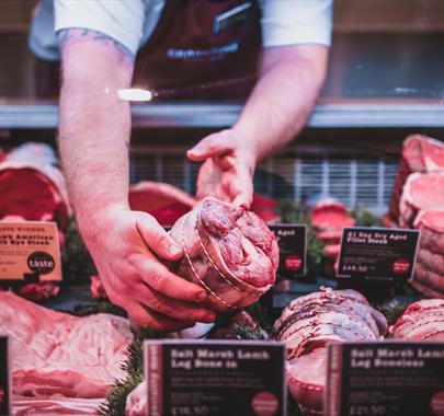 Salt Marsh Lamb in butcher counter at Cranstons Food Hall in Cumbria