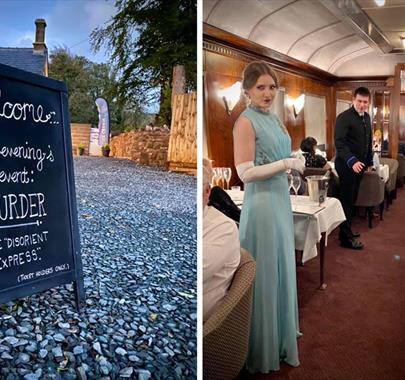 Signage and Actors at Murder Mystery Nights at Bassenthwaite Lake Station in Bassenthwaite Lake, Lake District