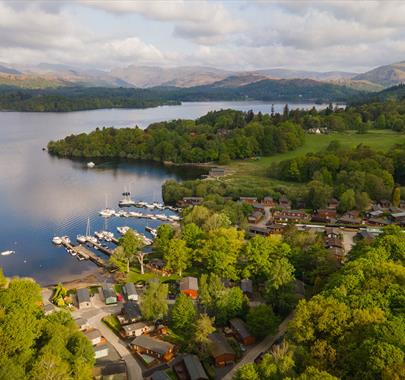 Aerial view of White Cross Bay Holiday Park in Windermere, Lake District
