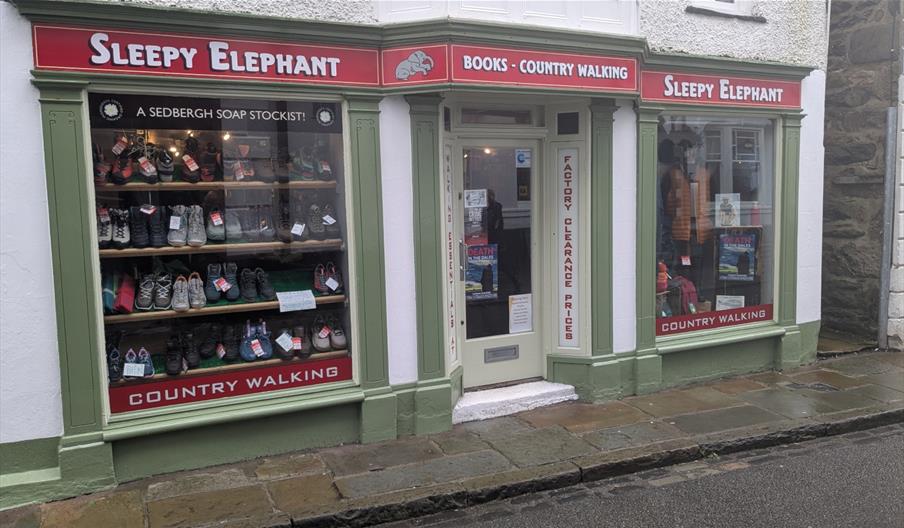 Exterior of the shop "Sleepy Elephant Books and Country Walking" in Sedbergh, Cumbria