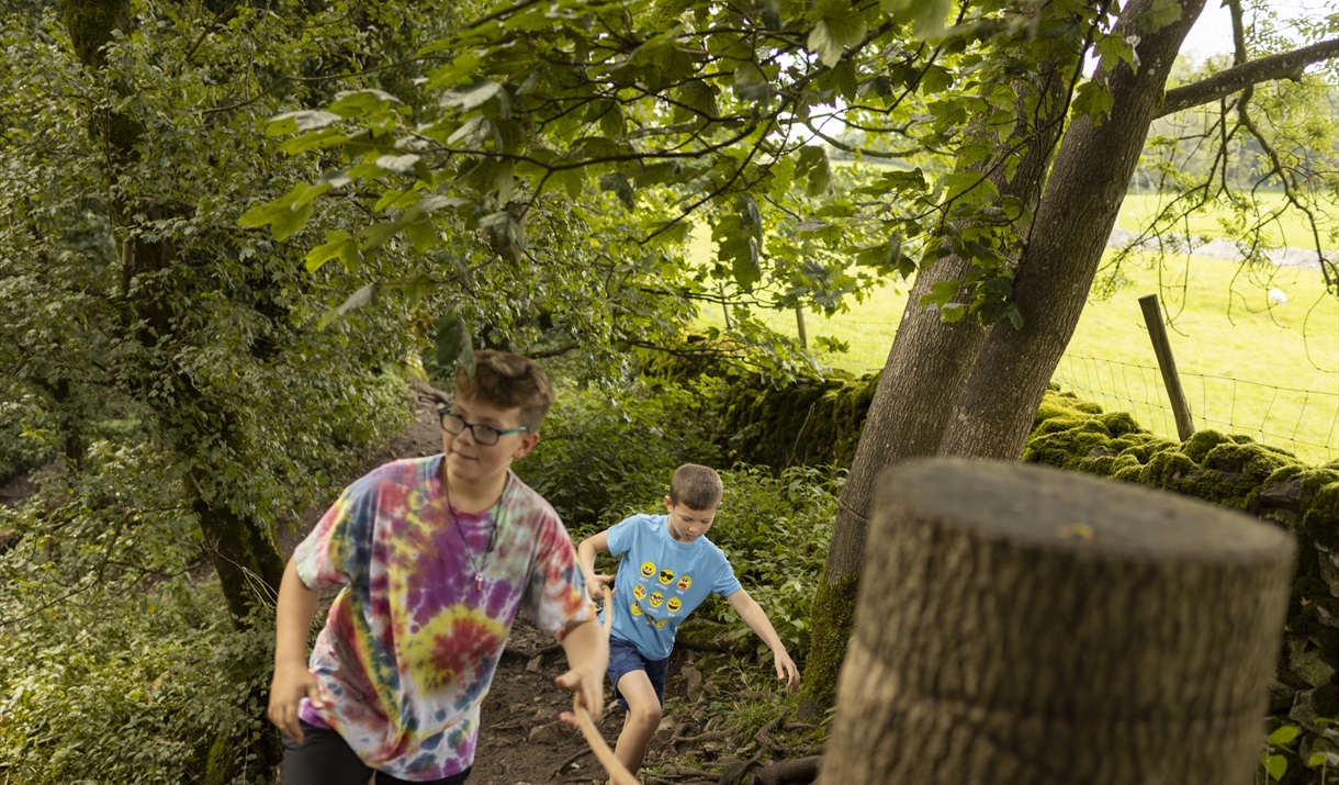 two kids walking along a woodland trail