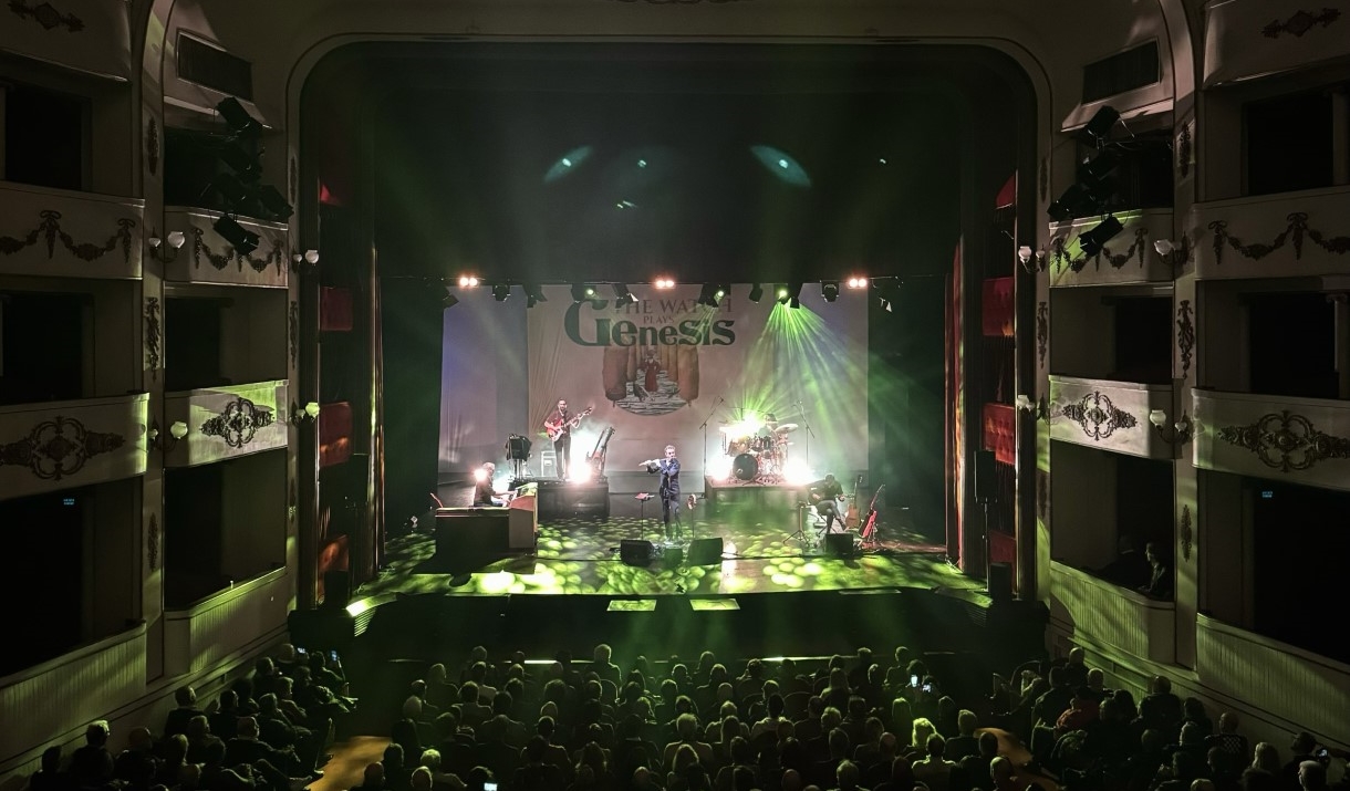 stage with a band performing