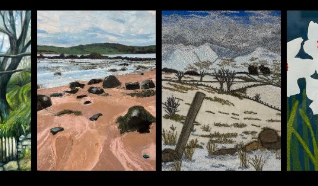 banner of 4 paintings which are part of the green door exhibition