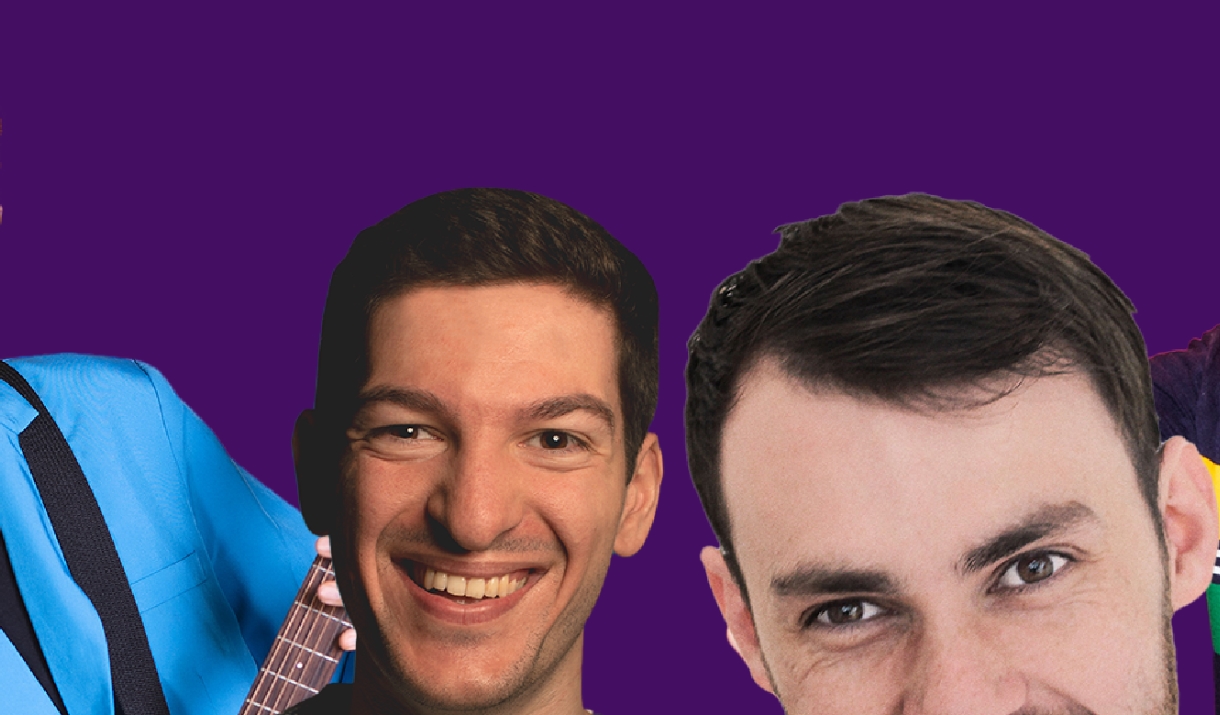 4 comedians with a purple background