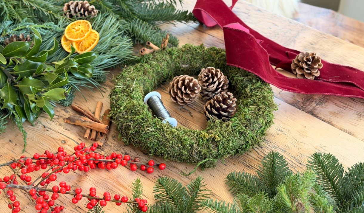 A collection of Christmas wreath making materials used at the Dan's Plants Christmas Wreath Workshop including fresh Scottish spruce, mossed ring, wir