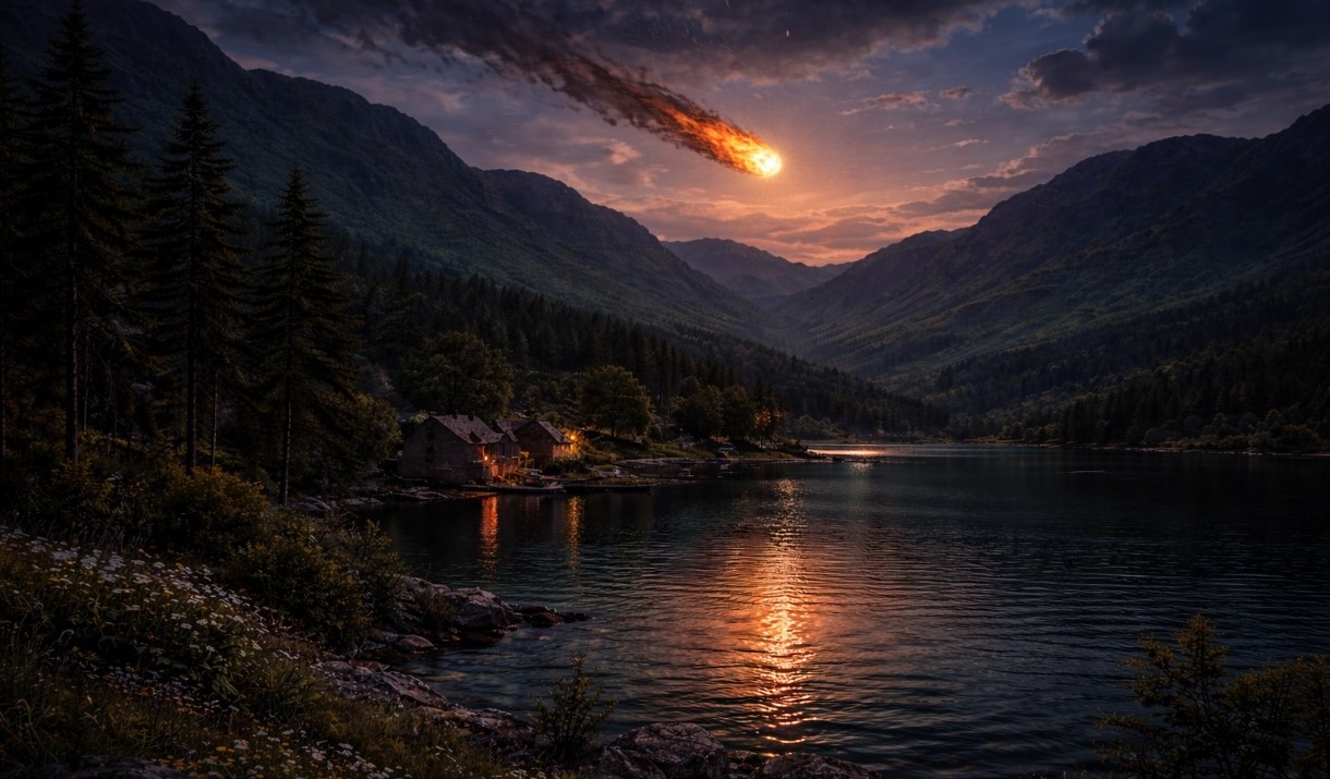 fake image where a fireball is crossing the sky over a lake