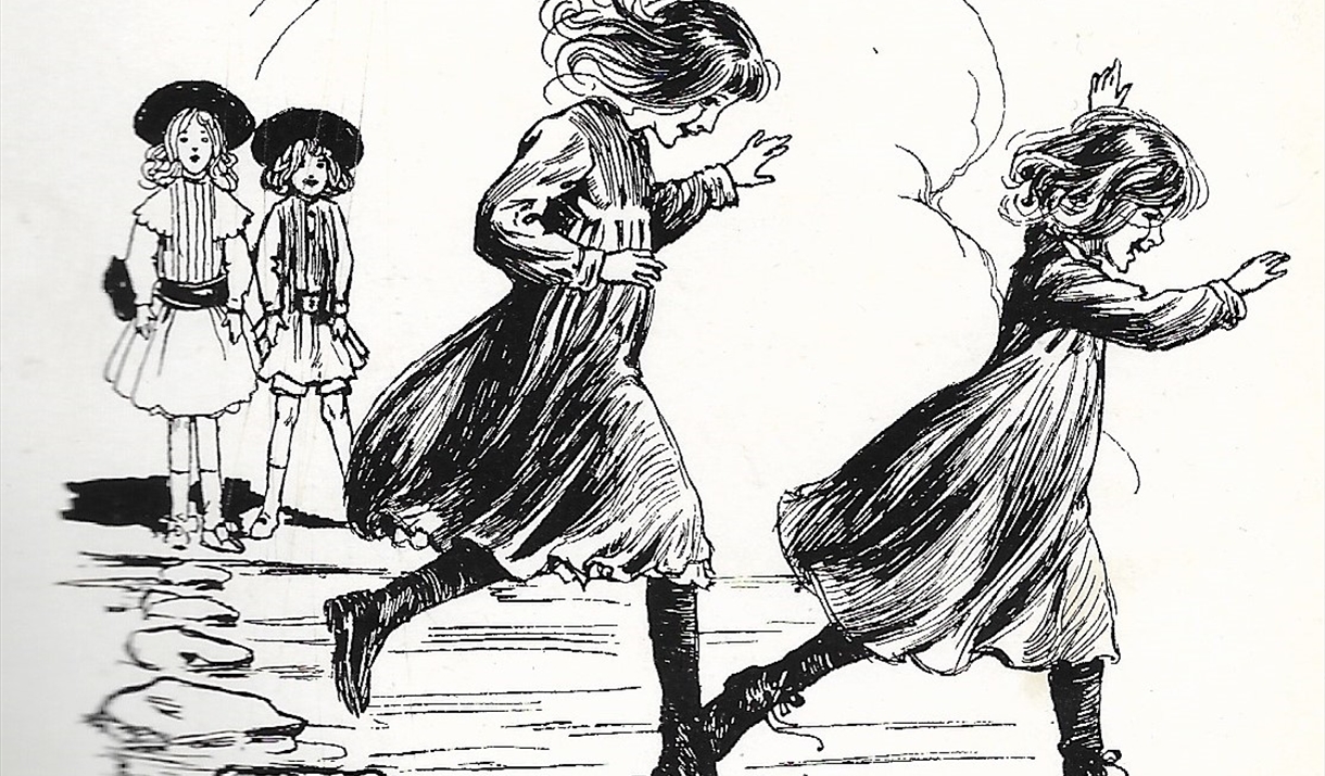Black-and-white illustration of four children near a stream. Two girls in the foreground are joyfully leaping across stepping stones, their dresses an