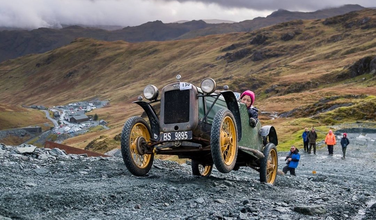 A vintage car trying to tackle the Honister pass
