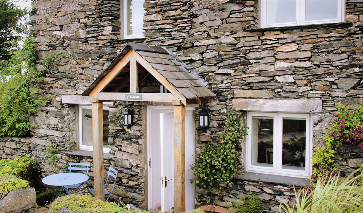 Exterior and entrance to Kestrel Cottage at Wall Nook Cottages near Cartmel, Cumbria