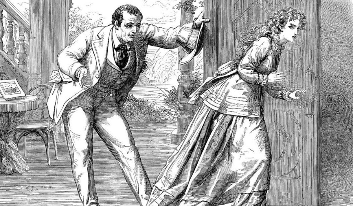 Line drawing of a woman fleeing a man