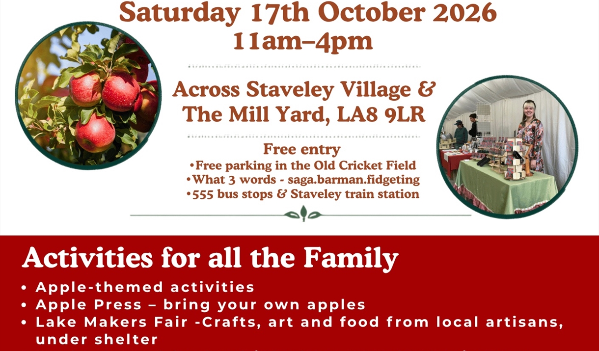 A flier advertising the day's events, with pictures of apples and craft person selling jewellery.