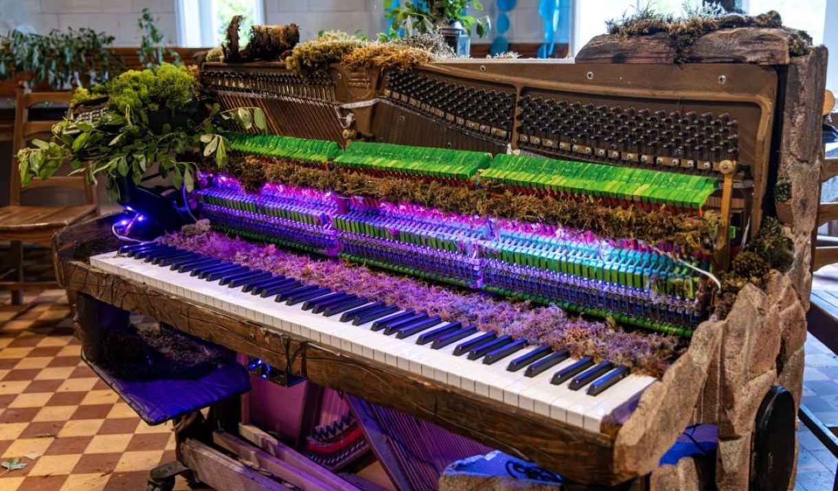 Moss piano sculpture by artist Joshua Payne.