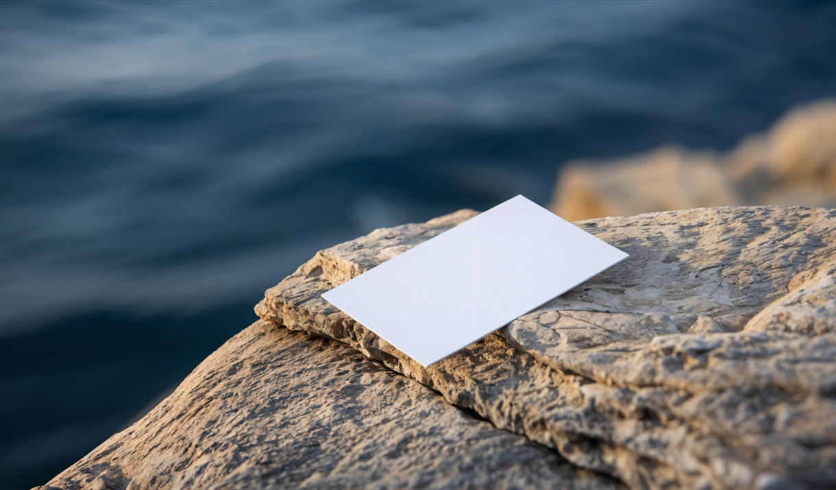 a piece of a paper sat at the end of a rock overhanging a body of water