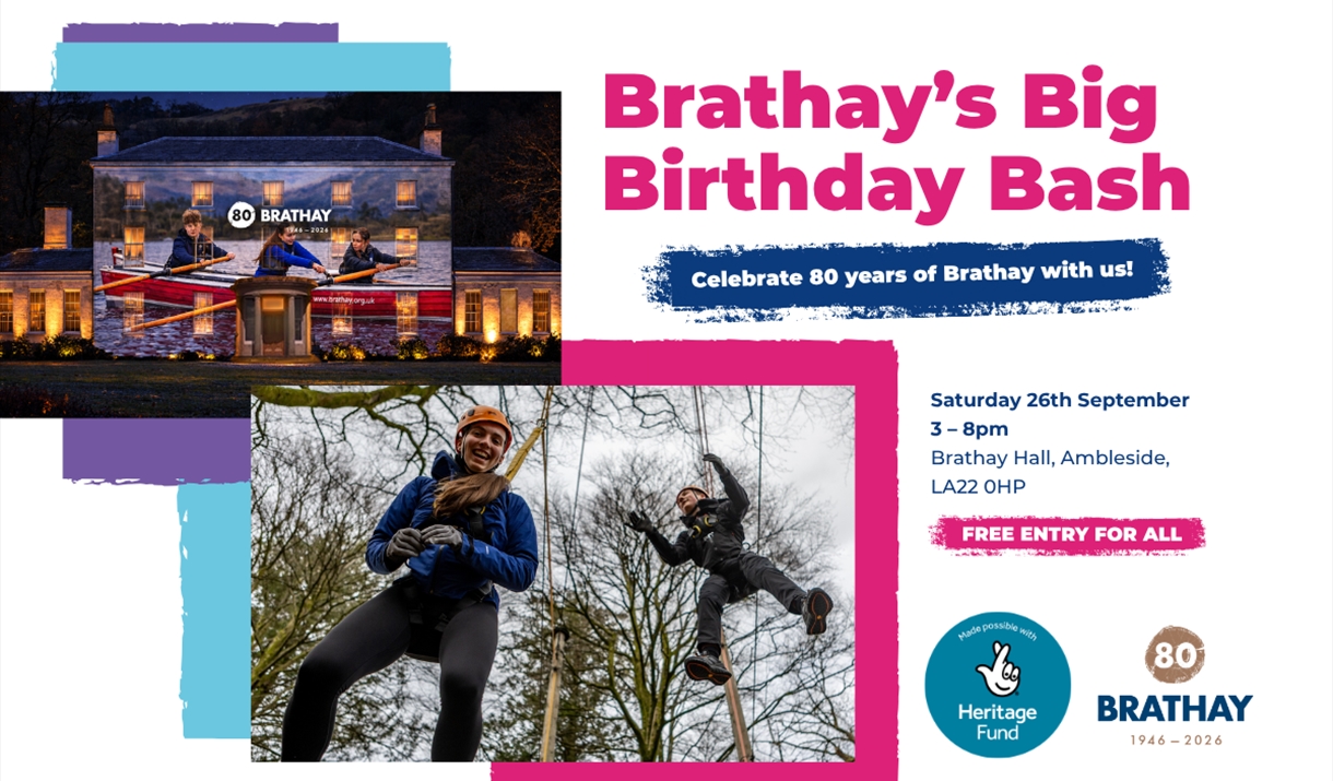 Image 1 is of the Brathay Hall, a large georgian building, at dusk with a projected image of young people in a rowing boat. Image two is of two young