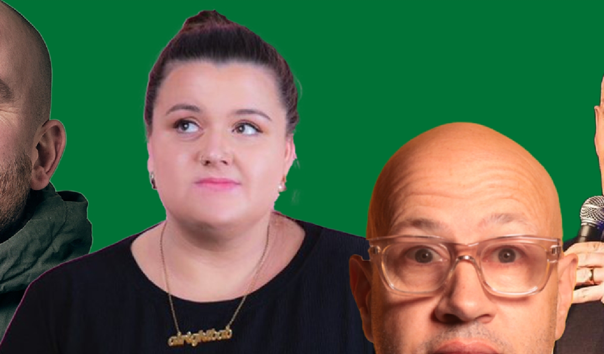 4 comedians with a green background