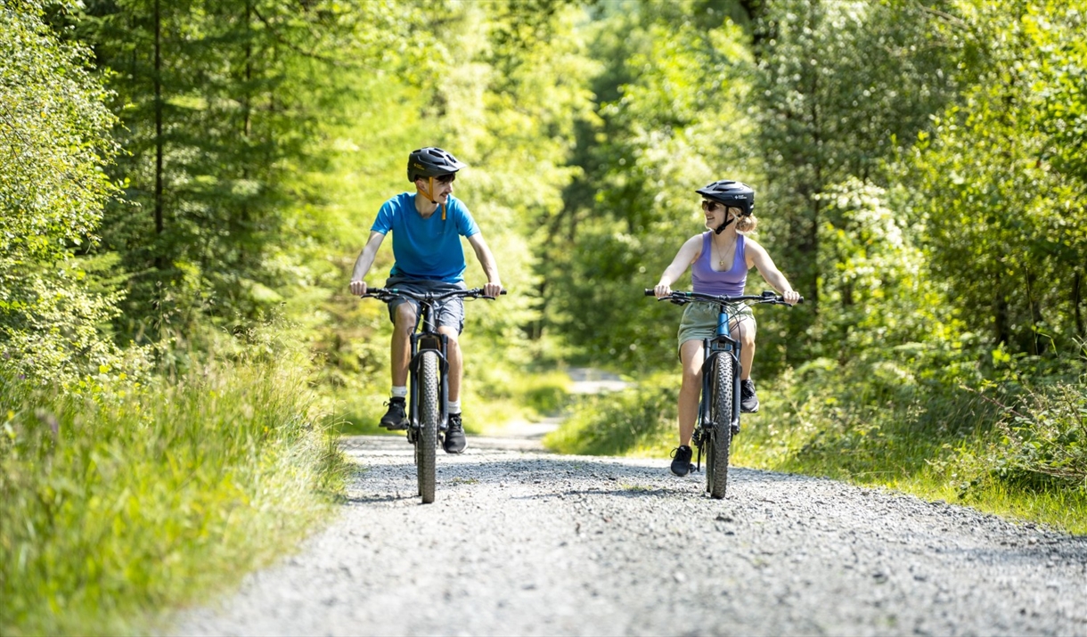 Cyclists on a mountain biking trail at Grizedale Forest in the Lake District, Cumbria