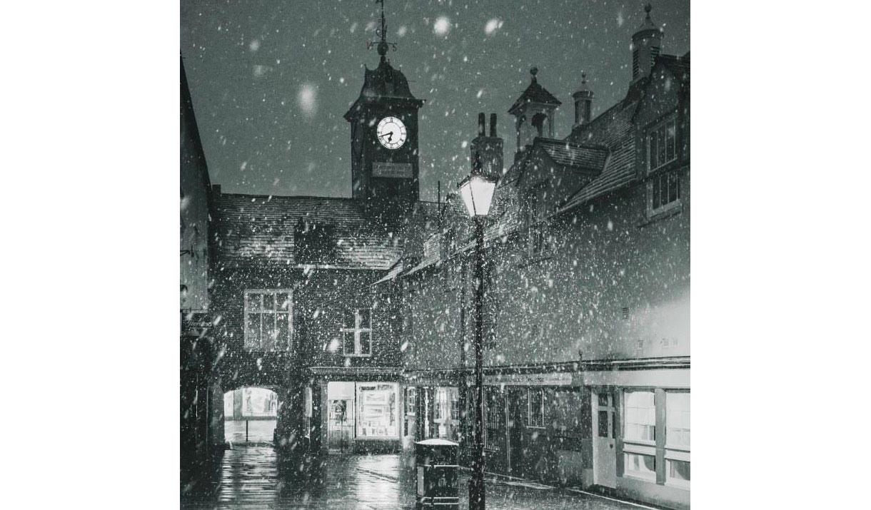 Black and White Photo of snow falling in Carlisle, Cumbria