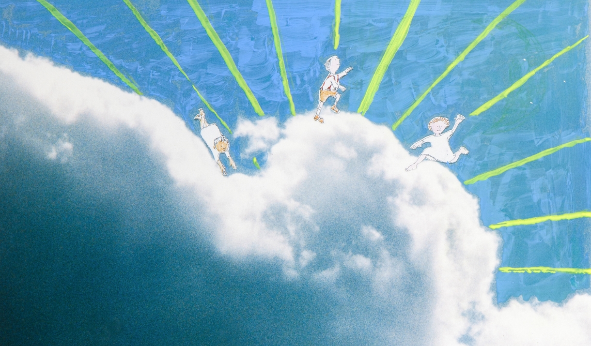 A drawing of children in the clouds, with sunrays beaming behind them