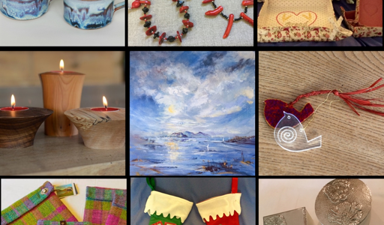 A collage of nine handcrafted items including: ceramic mugs with a blue glaze (top left), red and black beaded jewelry (top center), embroidered fabri