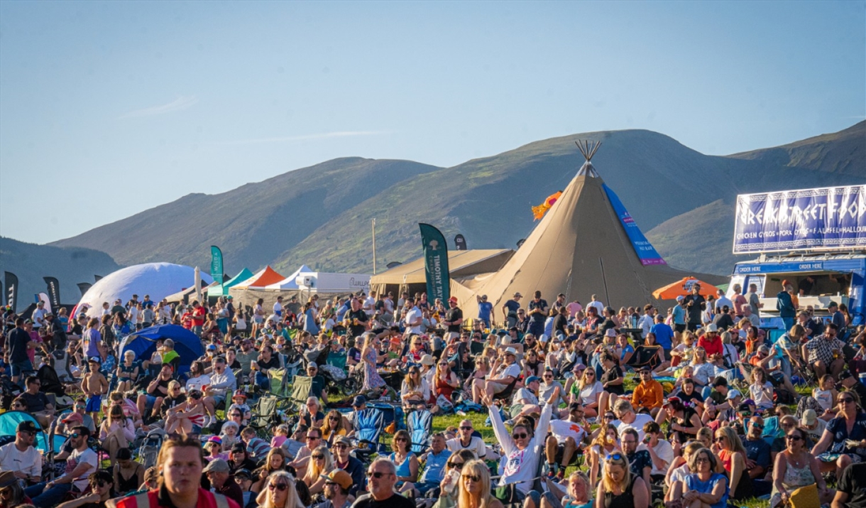 Tents and visitors at Keswick Mountain Festival in Keswick, Lake District