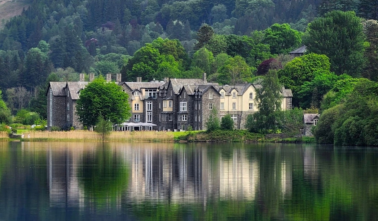 View of Daffodil Hotel & Spa across Grasmere Lake in the Lake District, Cumbria