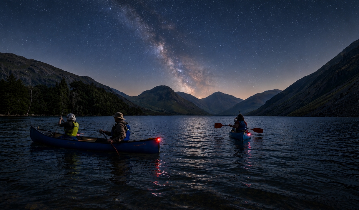 Canoeing at night on Wastwater with red glow sticks on the back of the canoes