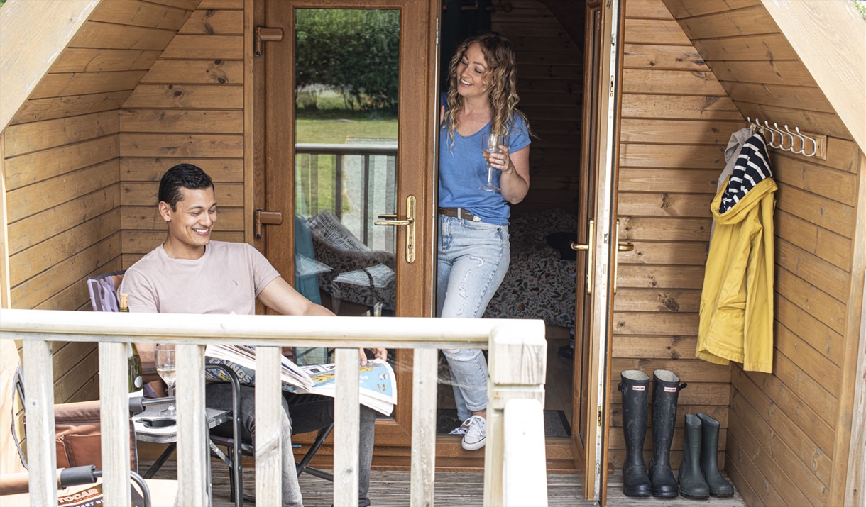 Porch Seating at Camping Pods at Coniston Park Coppice in Coniston, Lake District