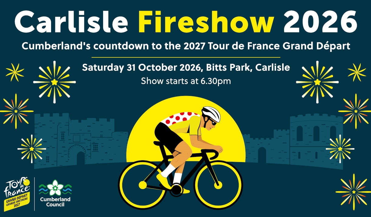 Carlisle Fireshow 2026 artwork, showing a Tour de France cyclist with Carlisle Castle in the background and fireworks.