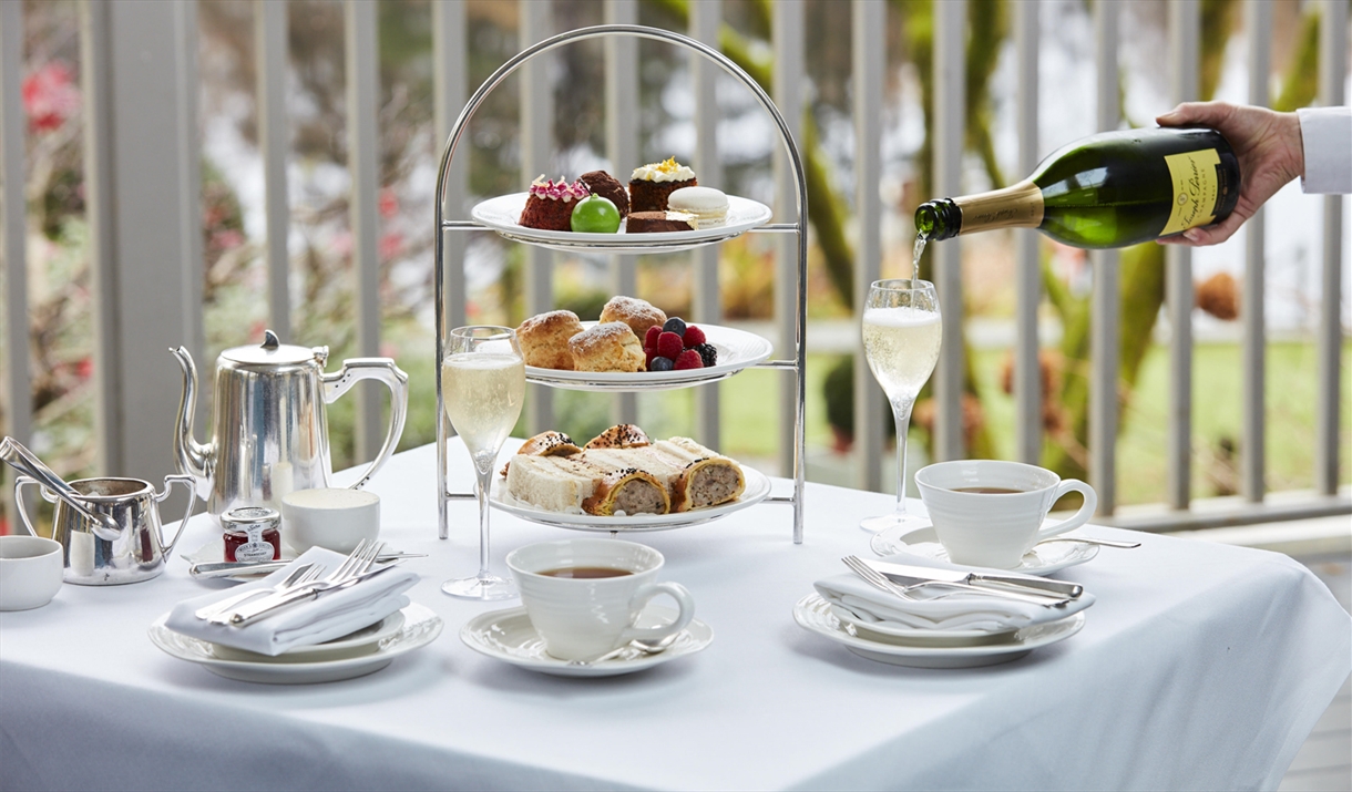 Afternoon Tea Spread with Champagne at Gilpin Lake House in Windermere, Lake District