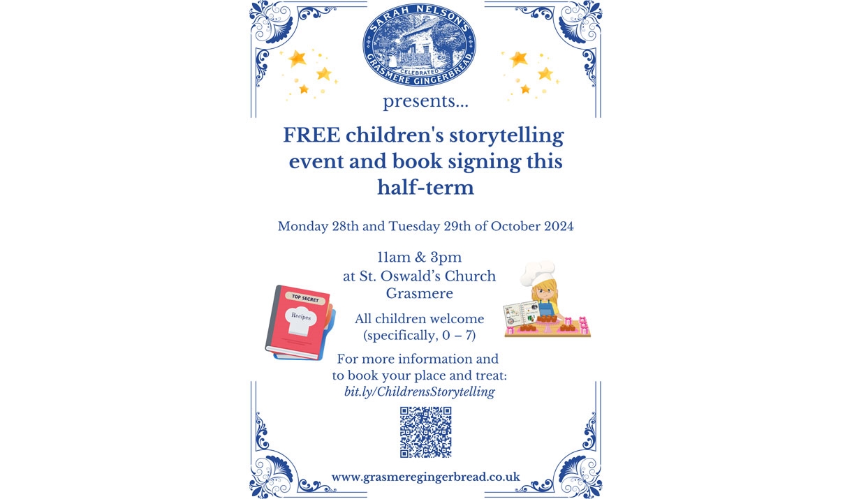 Poster for Free children's storytelling event in Grasmere, Lake District