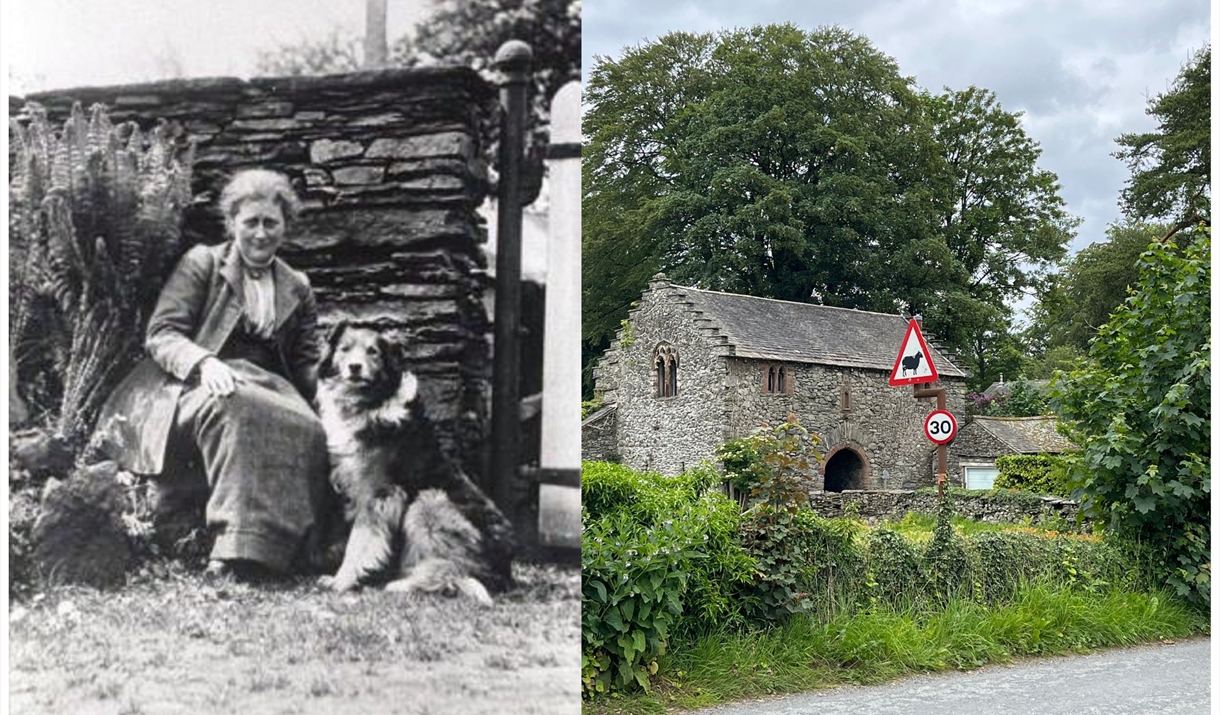 Image on the left is a black and white photograph of Beatrix Potter sitting with a dog to her left-hand side. The image on the right is of a stone bui