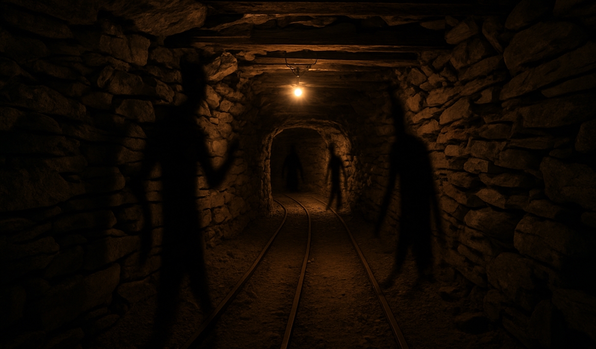 dimly lit mine shaft with multiple shadows against the wall
