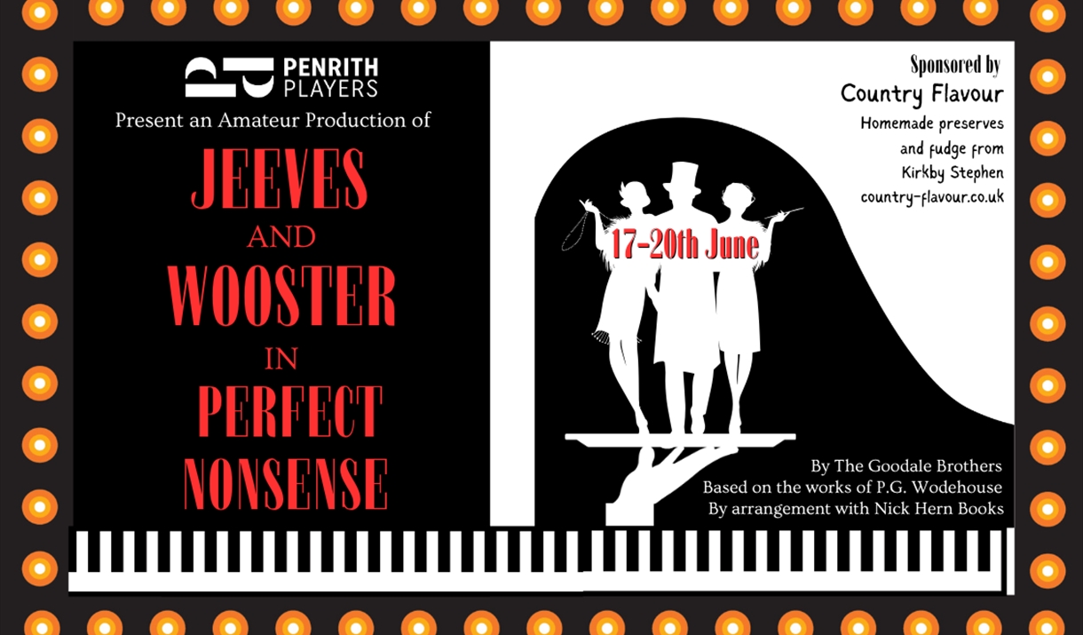 Black and white images overlaid of a piano and a group of people standing on a platter being held by a butler. text reads 'Penrith Players presents an