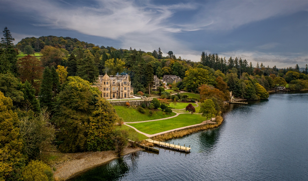 Aerial Photo of the Exterior and Grounds of Langdale Chase Hotel in Windermere, Lake District