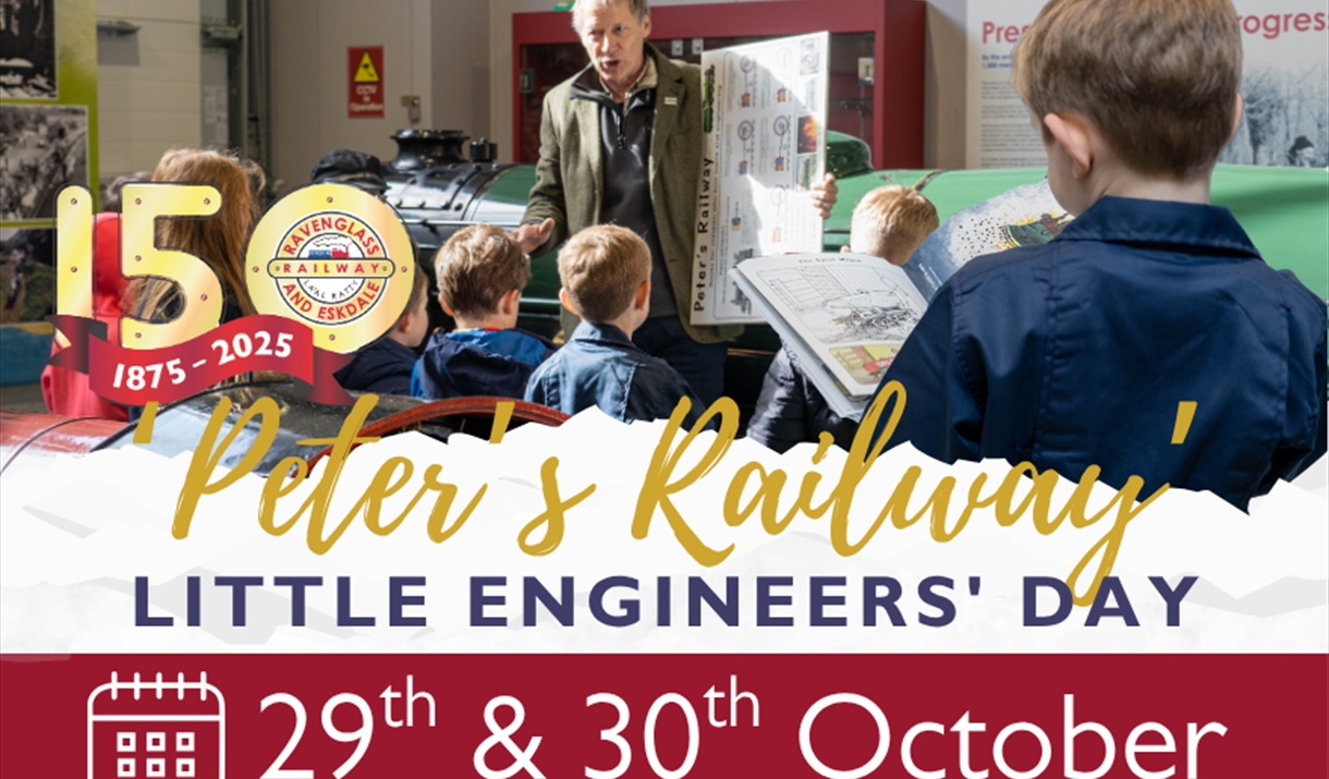 Photo of a man in front of a train presenting to children with notebooks