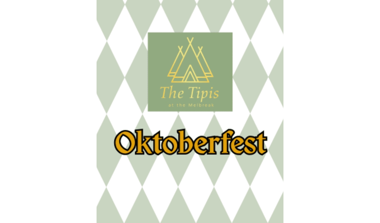 Oktoberfest promotional graphic image featuring a green-and-white diamond pattern and large orange Oktoberfest text