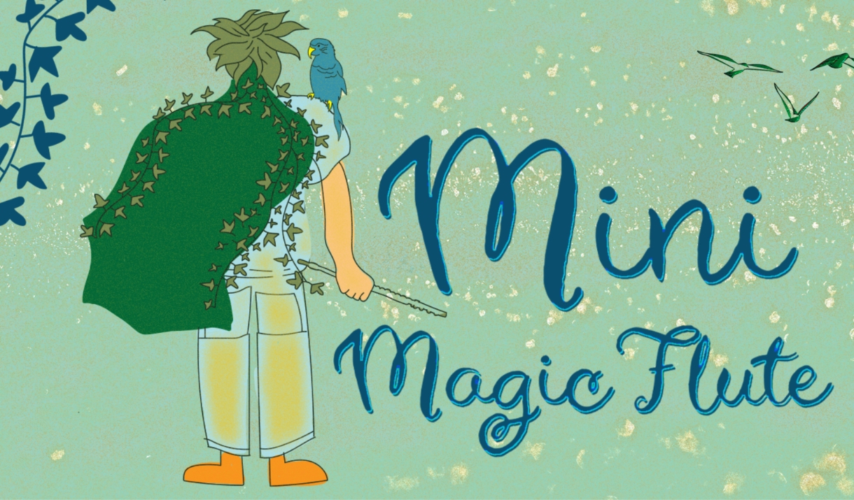 Drawing of a person holding the mini magic flute, with a parrot on their shoulder