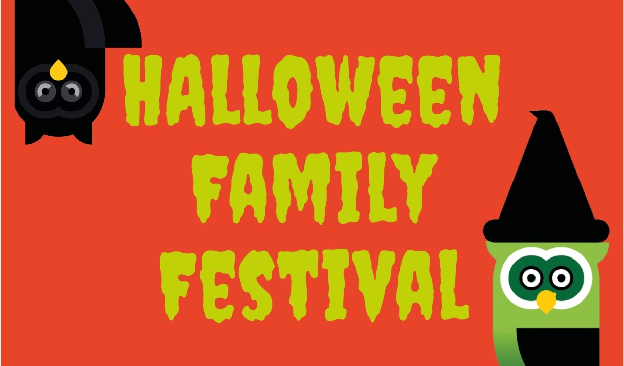 Green text that reads 'Halloween Family Festival' on a red background with an owl and bat mascots.
