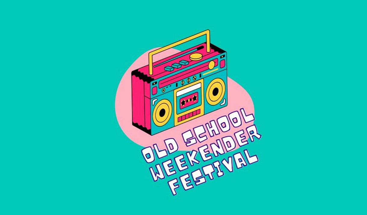 Poster for the Old School Weekender Festival with a retro boombox illustration on a teal background