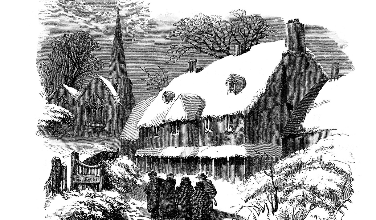 Crosshatch Illustration of 5 people walking in the snow towards a church in Winter