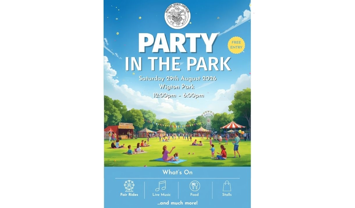 Party in the Park event poster featuring a family-friendly summer event at Wigton Park with live music, entertainment, fair rides and activities.