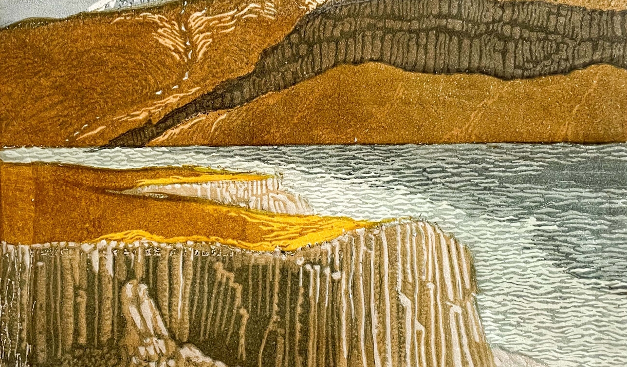 lino print of a seascape with cliffs