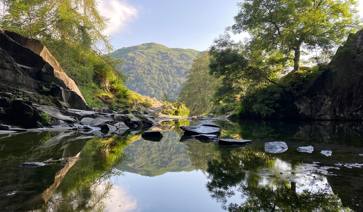 View looking out of Rydal Cave in the Lake District, Cumbria