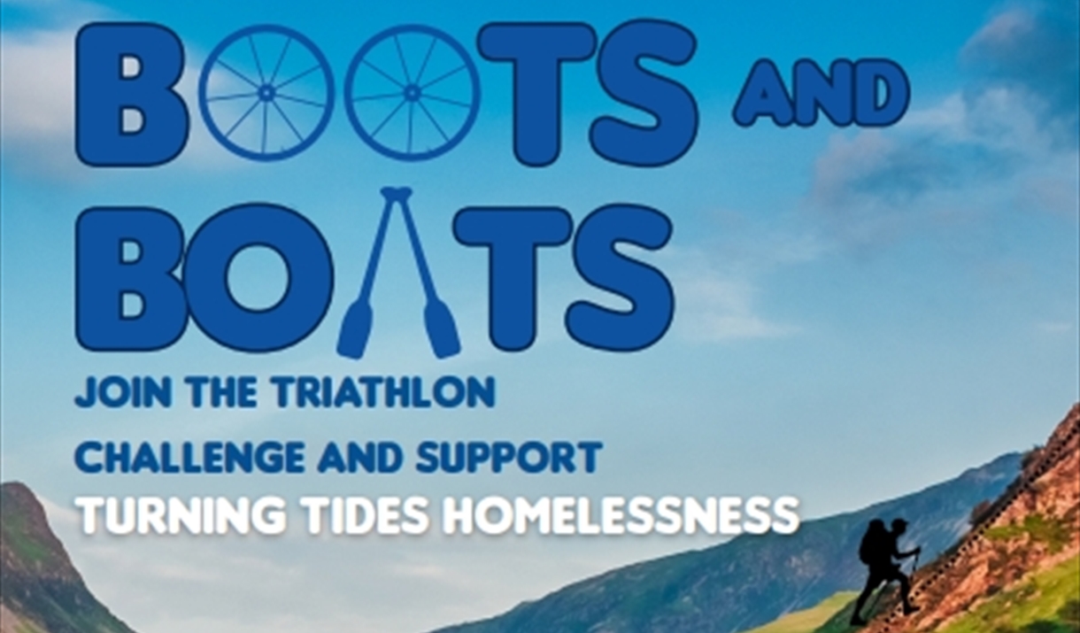 Promotional poster for a triathlon event titled "Bikes, Boots and Boats" supporting Turning Tides, a homelessness charity. The design features a sceni